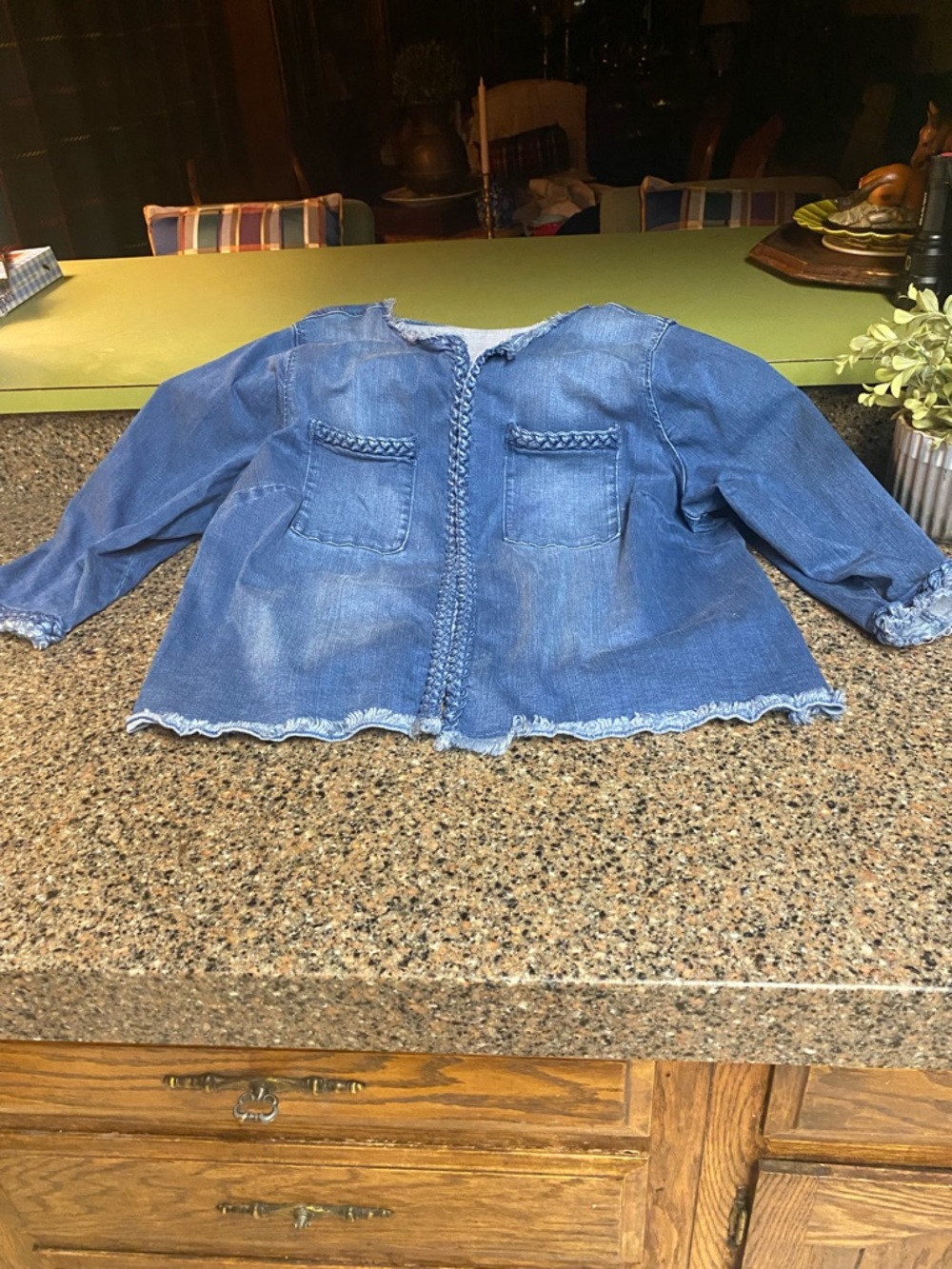 Belle by Kim Gravel Braided Open Front Collarless Denim Jacket 1X